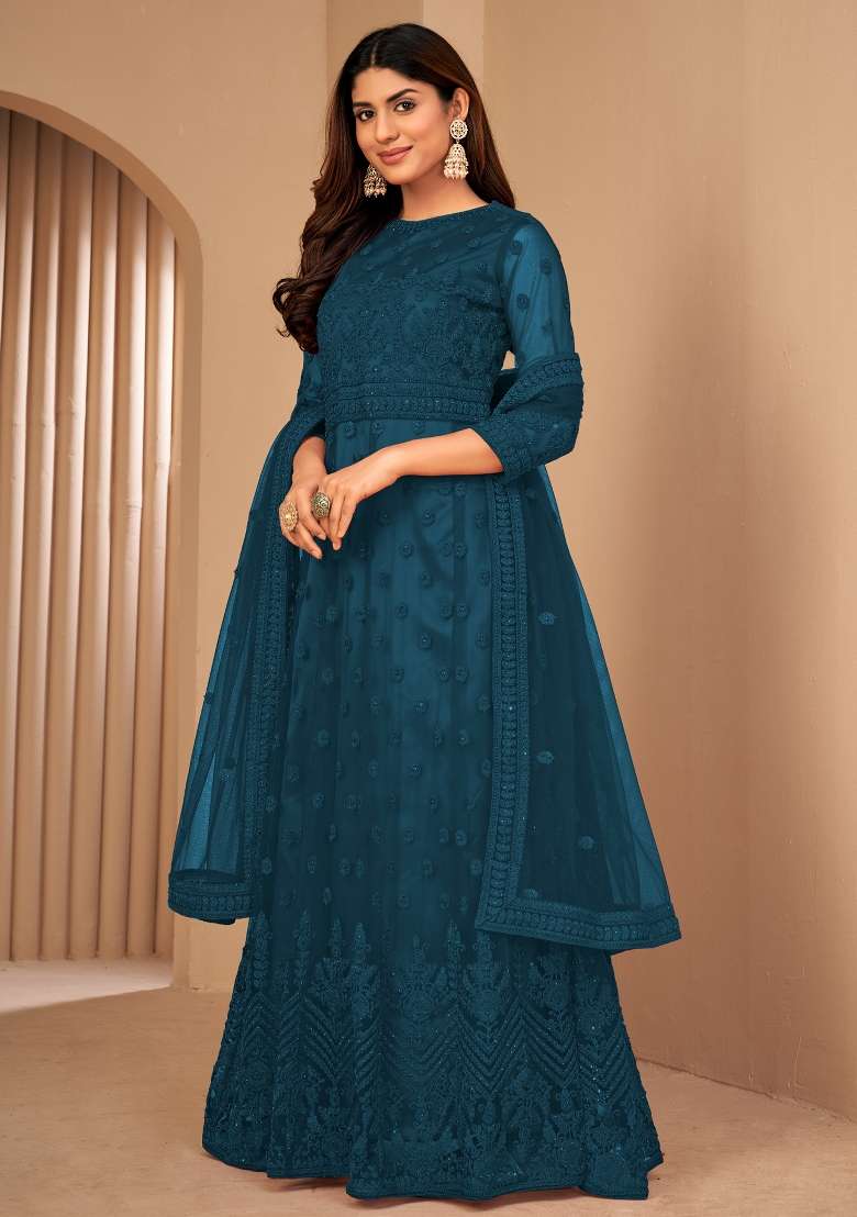 Rama Green Embroidered Net Kurta Set - Indya