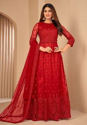 Red Embroidered Net Kurta Set