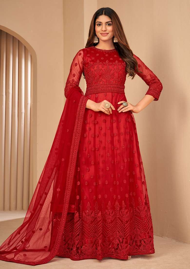 Red Embroidered Net Kurta Set - Indya