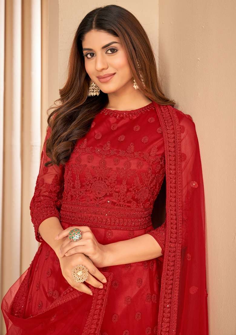 Red Embroidered Net Kurta Set - Indya