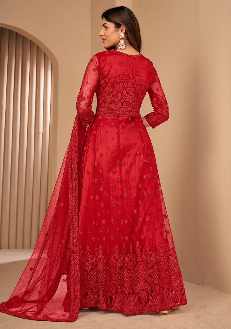 Red Embroidered Net Kurta Set - Indya