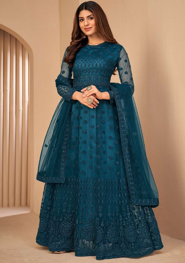 Rama Green Embroidered Net Kurta Set - Indya