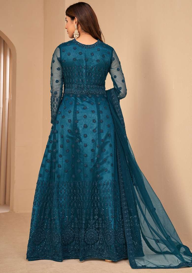 Rama Green Embroidered Net Kurta Set - Indya