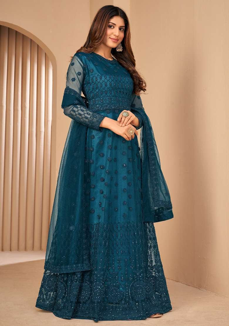 Rama Green Embroidered Net Kurta Set - Indya
