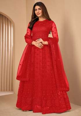 Red Embroidered Net Kurta Set
