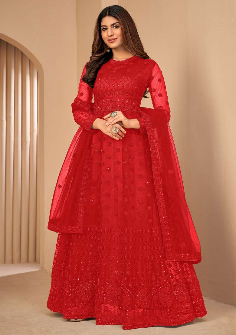 Red Embroidered Net Kurta Set - Indya