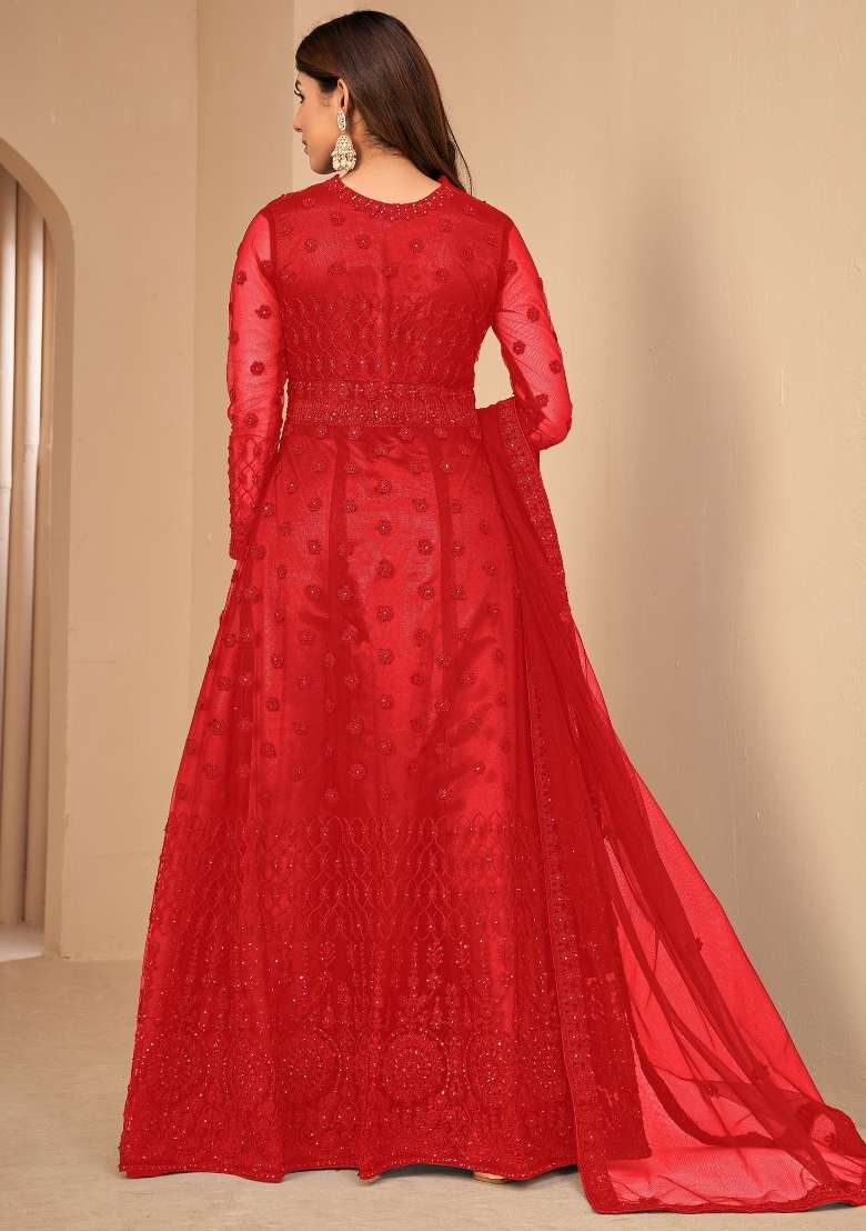 Red Embroidered Net Kurta Set - Indya