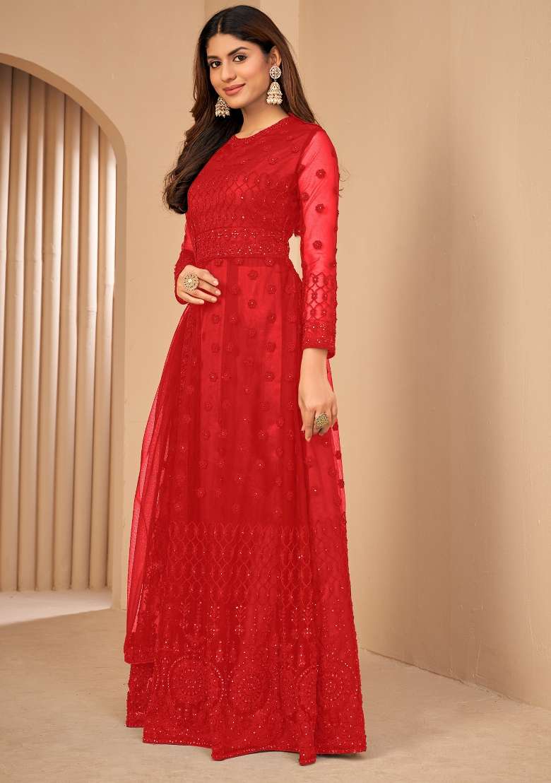 Red Embroidered Net Kurta Set - Indya