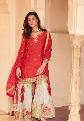 Red Embroidered Chinon Kurta Set