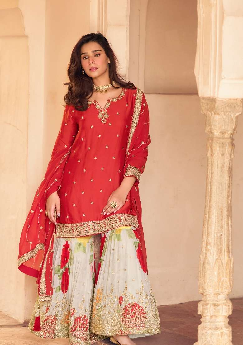 Red Embroidered Chinon Kurta Set - Indya
