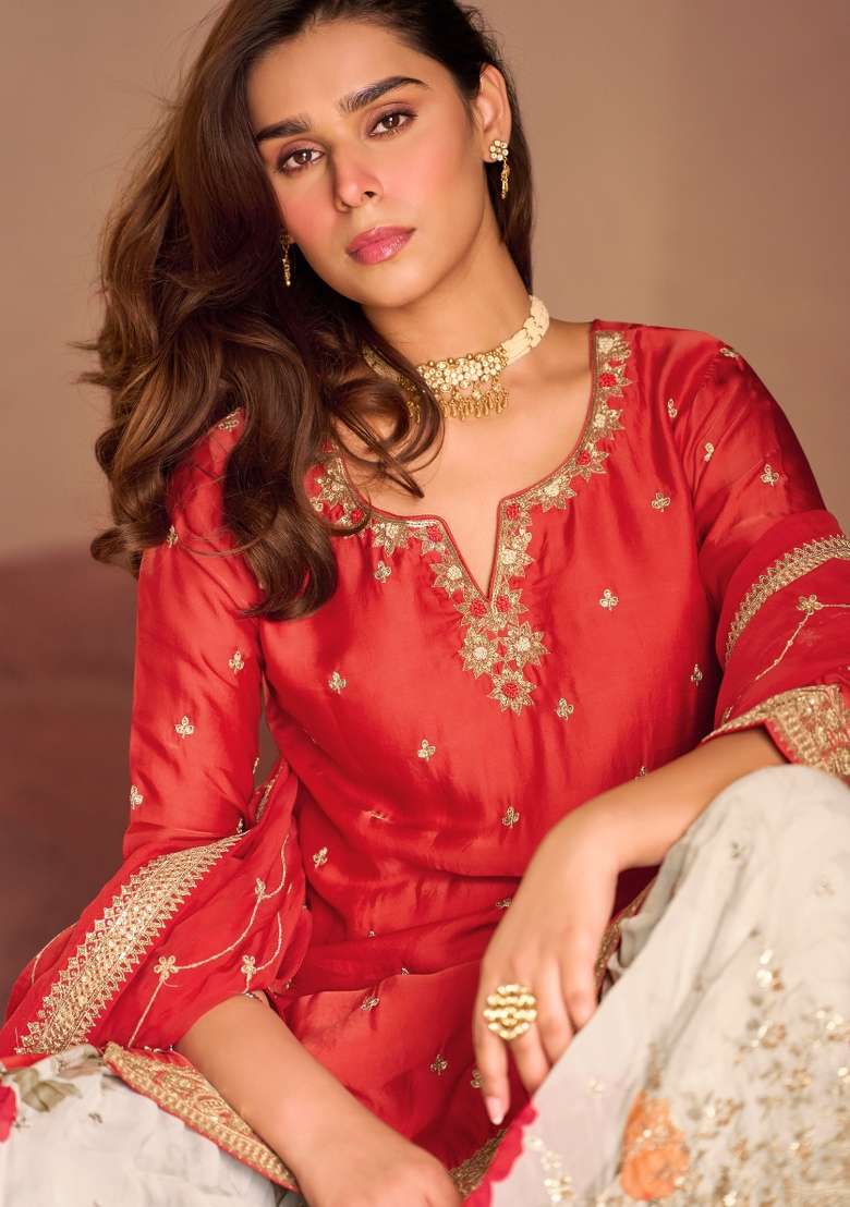 Red Embroidered Chinon Kurta Set - Indya