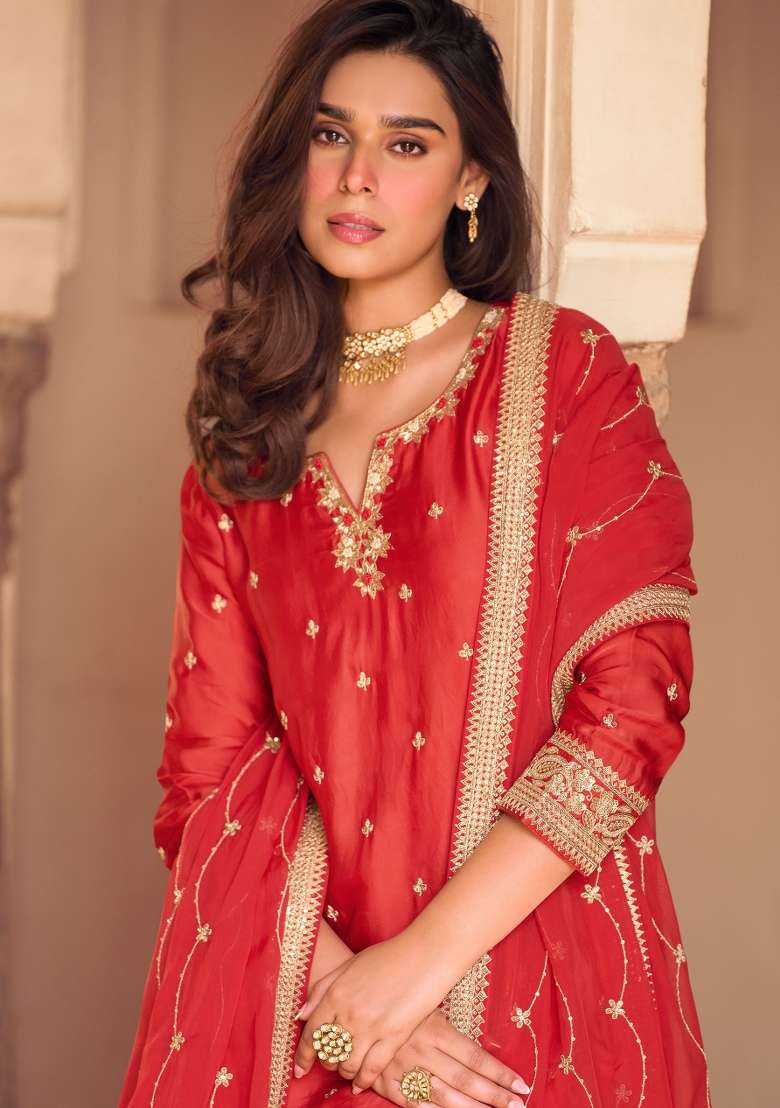 Red Embroidered Chinon Kurta Set - Indya