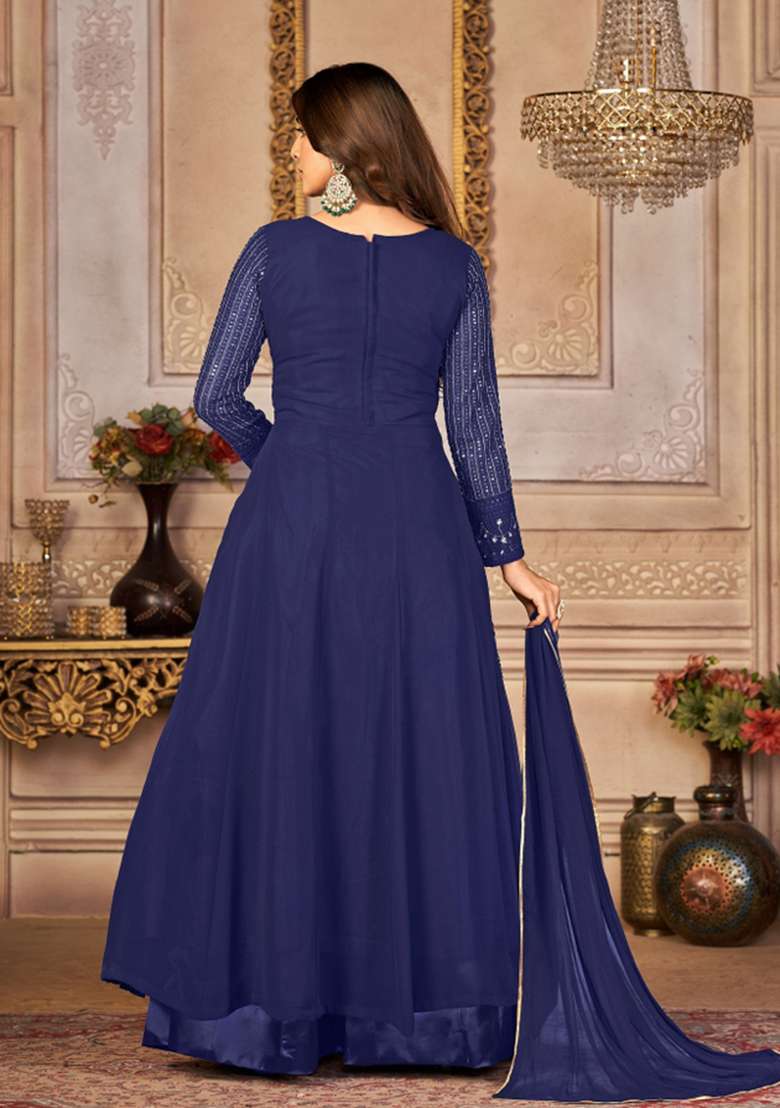 Blue Embroidered Georgette Kurta Set - Indya