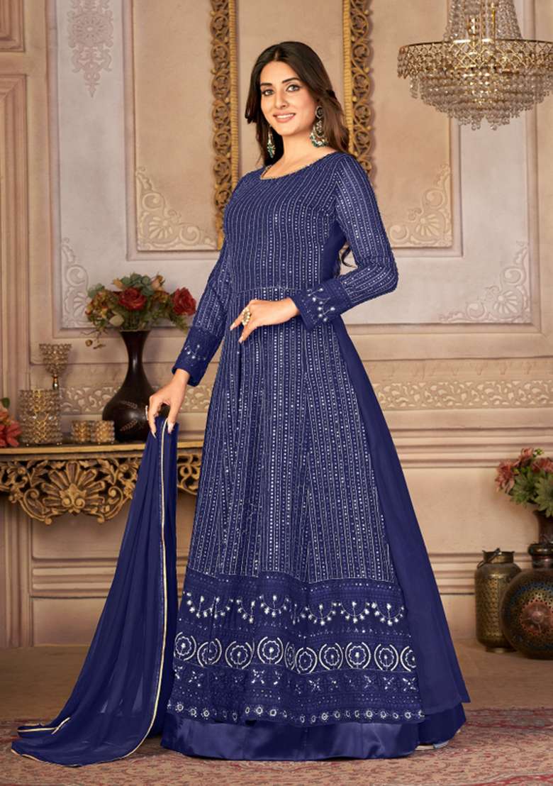 Blue Embroidered Georgette Kurta Set - Indya