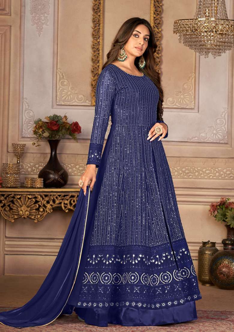 Blue Embroidered Georgette Kurta Set - Indya
