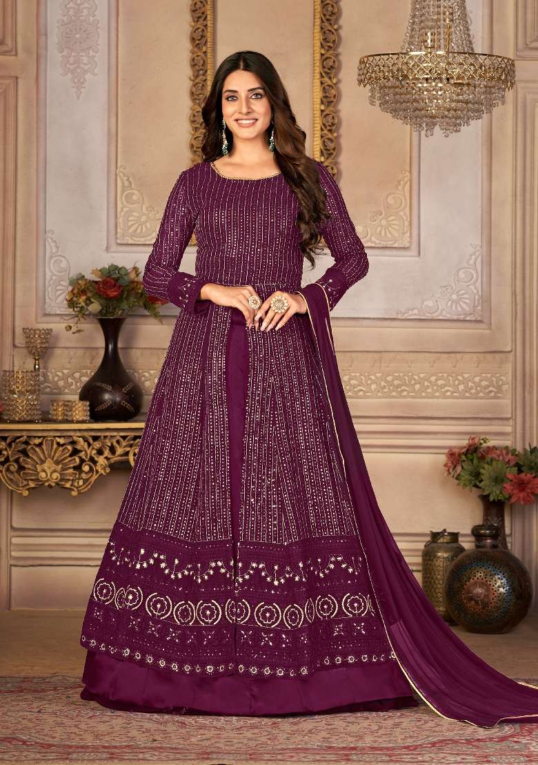Purple Embroidered Georgette Kurta Set - Indya