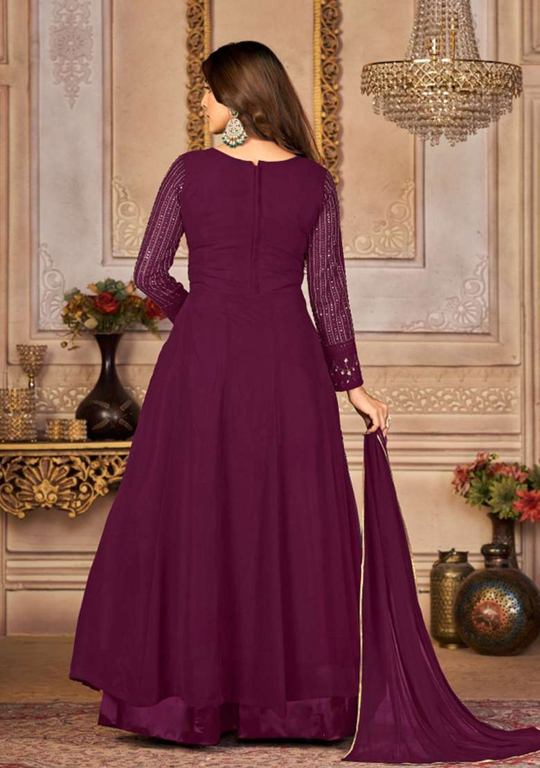 Purple Embroidered Georgette Kurta Set - Indya