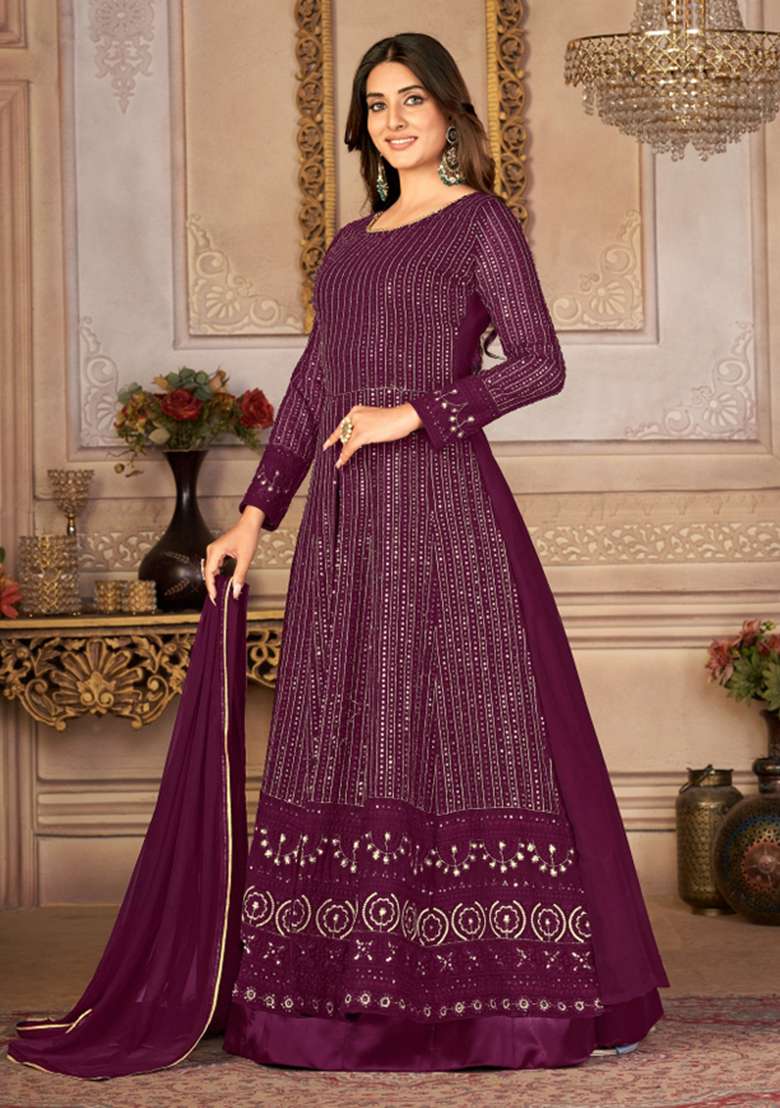 Purple Embroidered Georgette Kurta Set - Indya