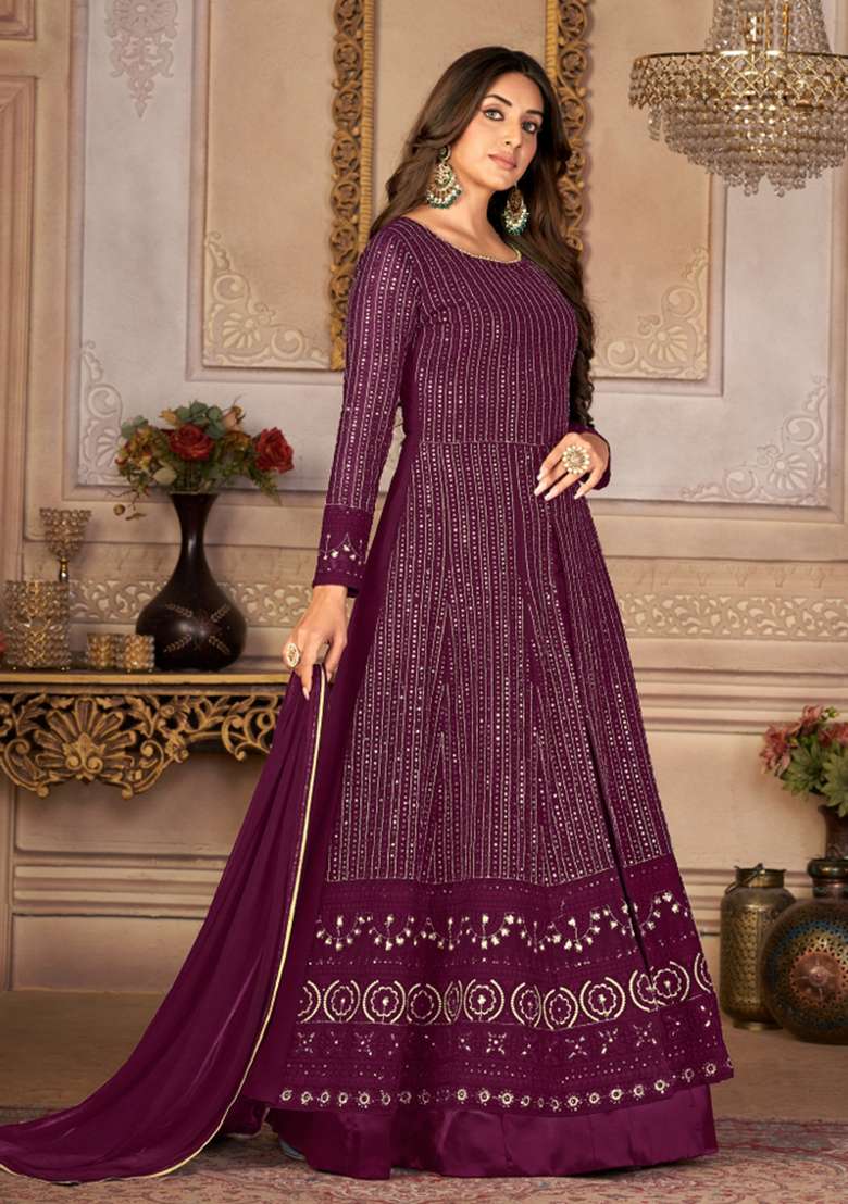 Purple Embroidered Georgette Kurta Set - Indya