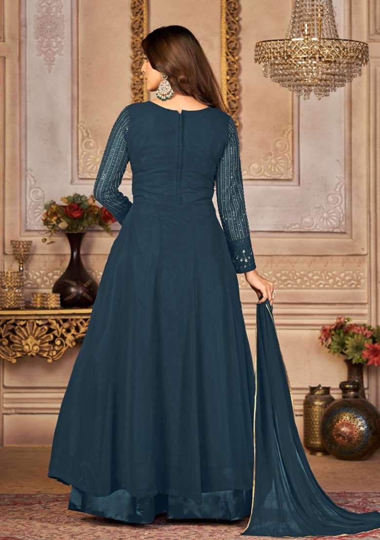 Rama Green Embroidered Georgette Kurta Set - Indya