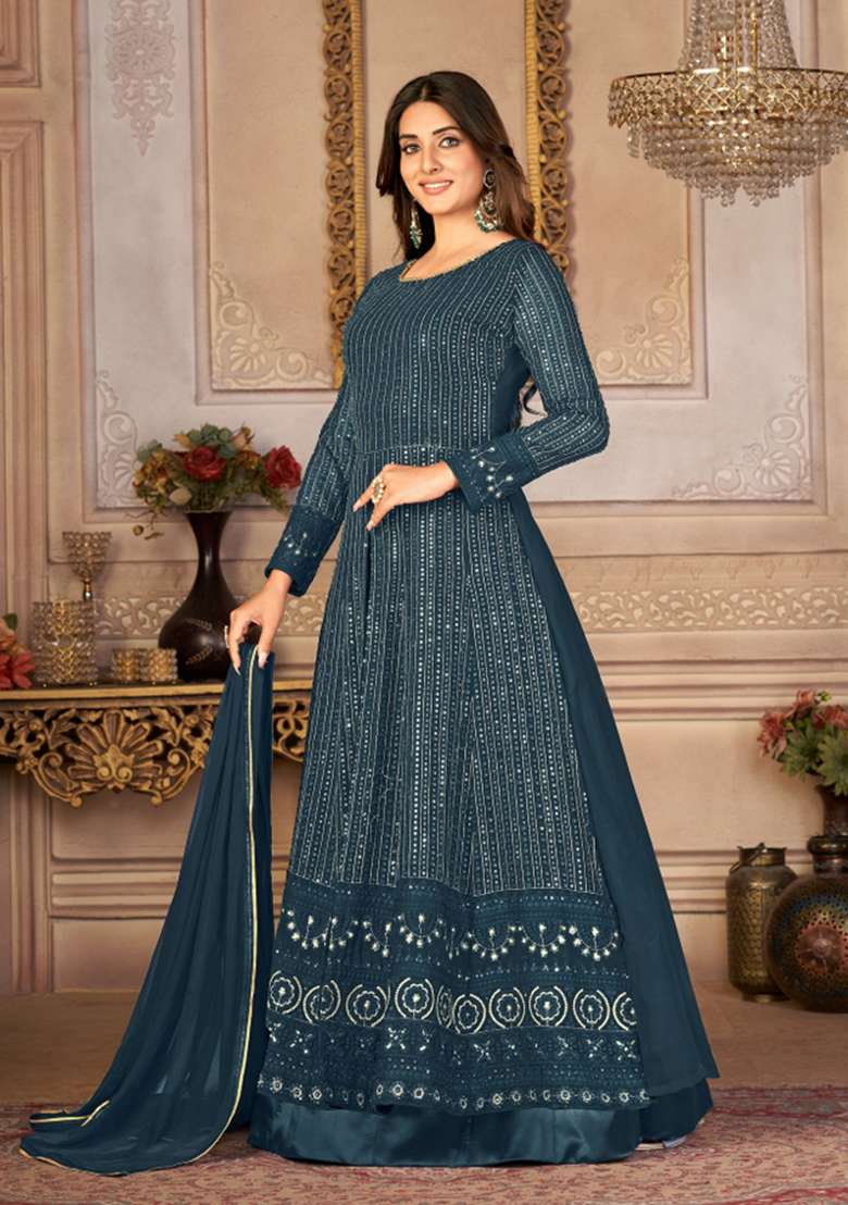 Rama Green Embroidered Georgette Kurta Set - Indya