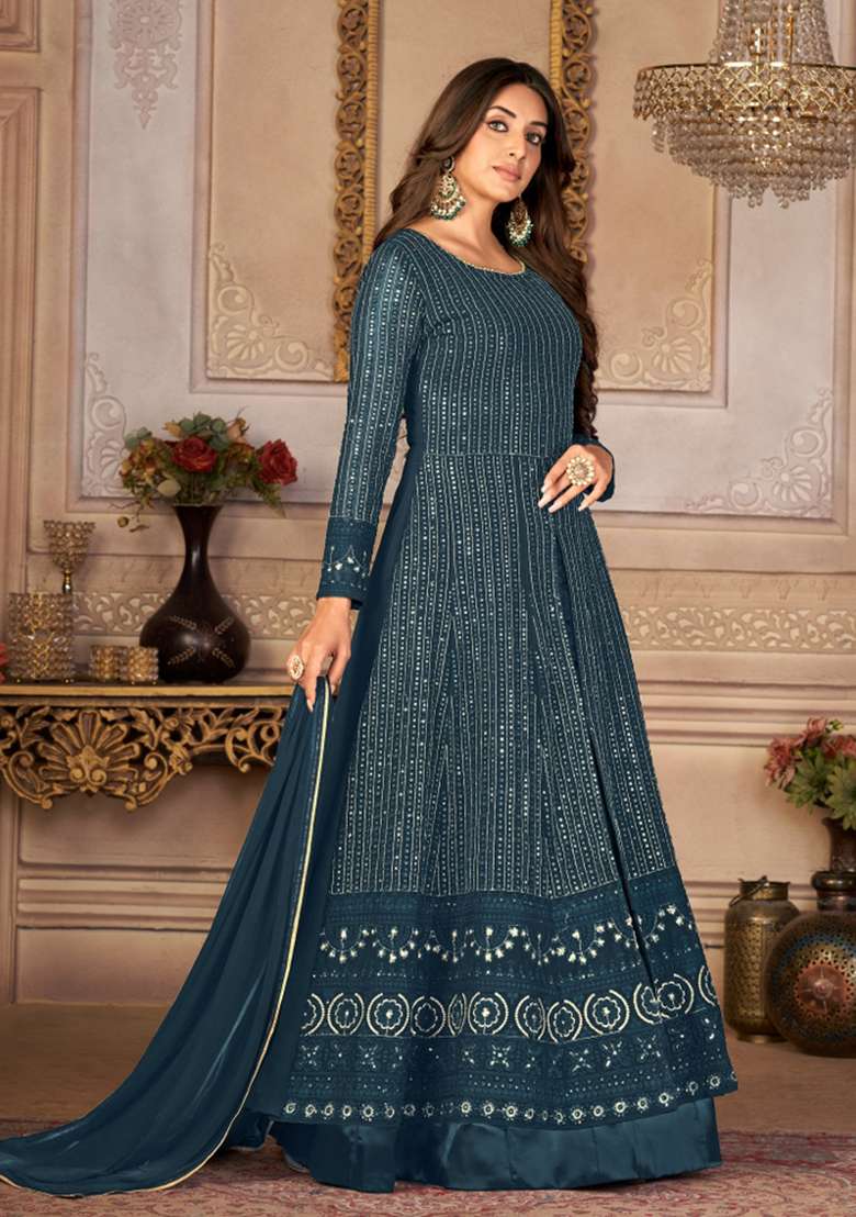 Rama Green Embroidered Georgette Kurta Set - Indya