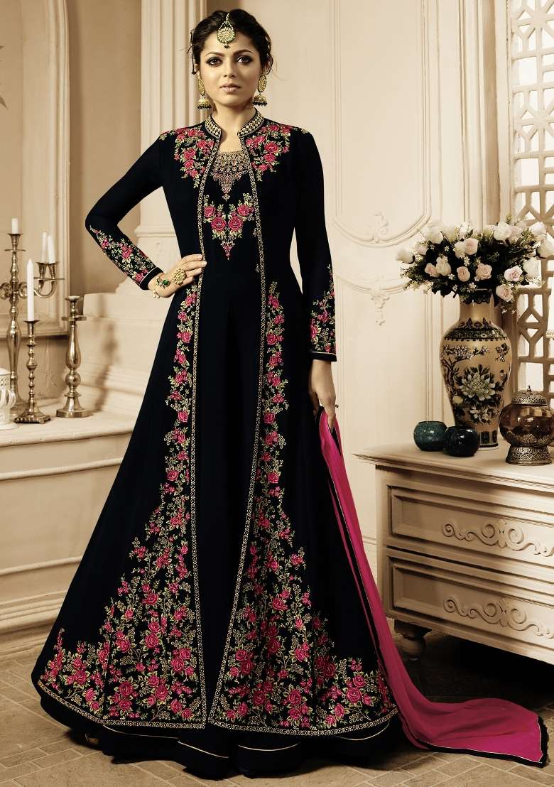 Black Embroidered Georgette Kurta Set - Indya