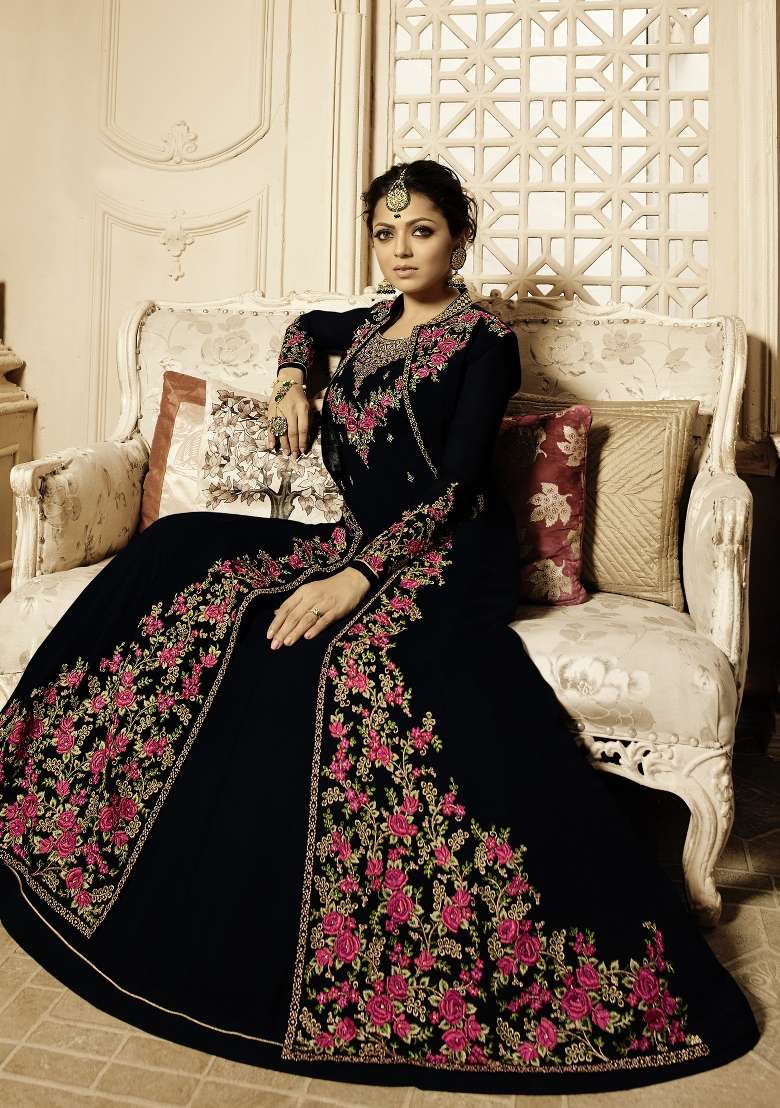 Black Embroidered Georgette Kurta Set - Indya