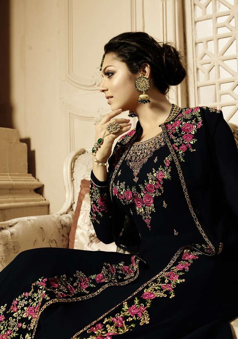 Black Embroidered Georgette Kurta Set - Indya