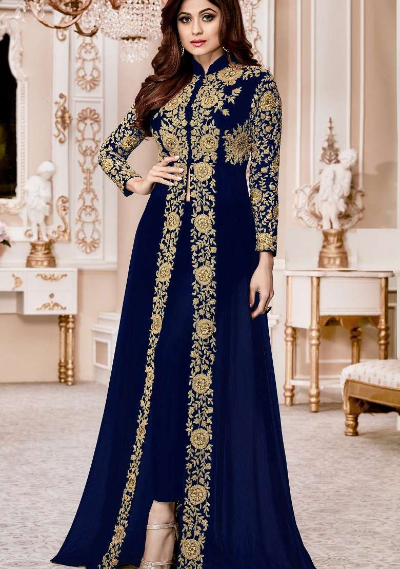 Blue Embroidered Georgette Kurta Set - Indya