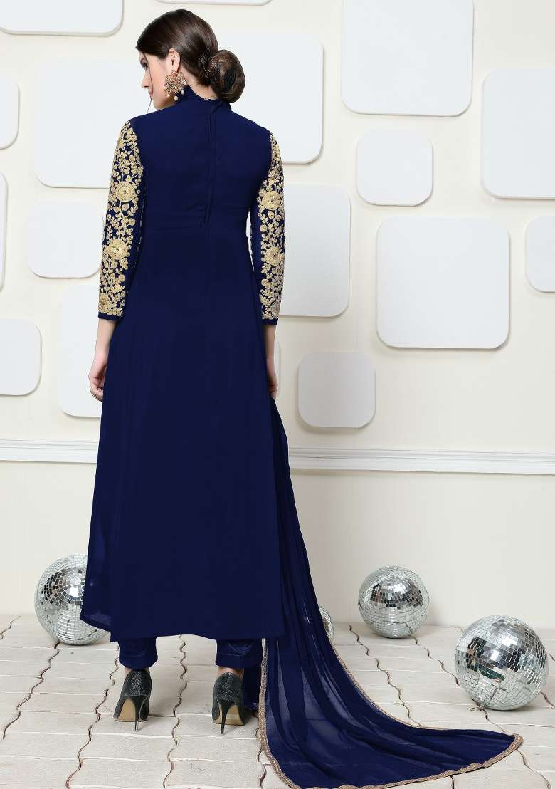 Blue Embroidered Georgette Kurta Set - Indya