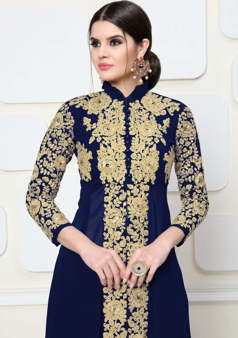Blue Embroidered Georgette Kurta Set - Indya