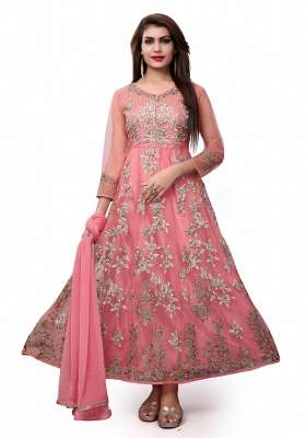 Dark Peach Embroidered Net Kurta Set