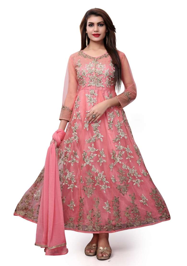 Dark Peach Embroidered Net Kurta Set - Indya