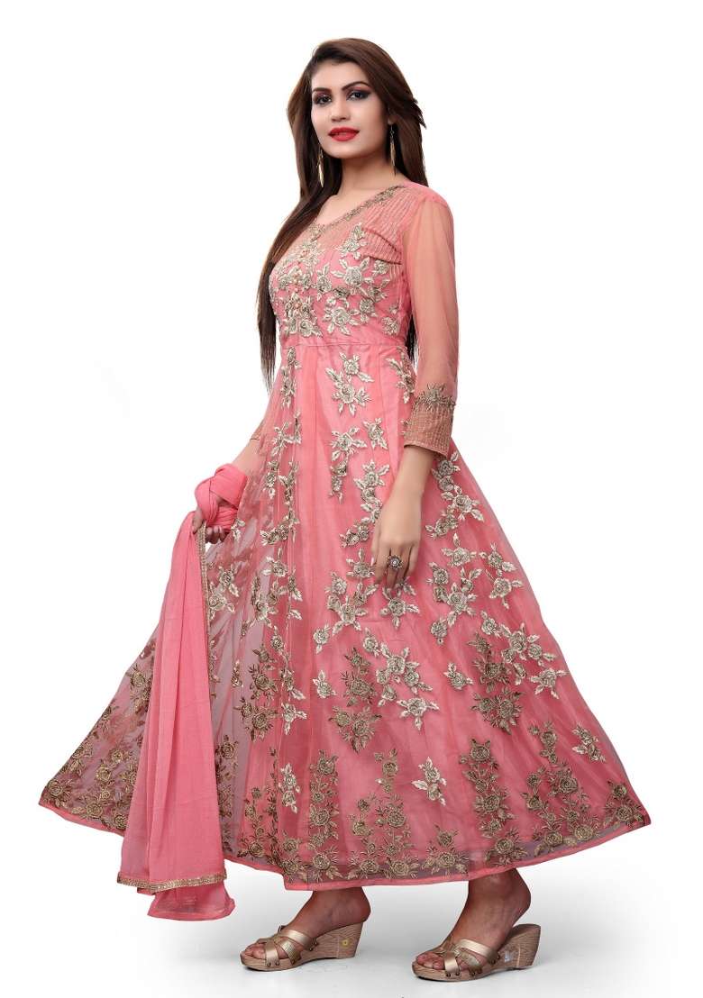 Dark Peach Embroidered Net Kurta Set - Indya