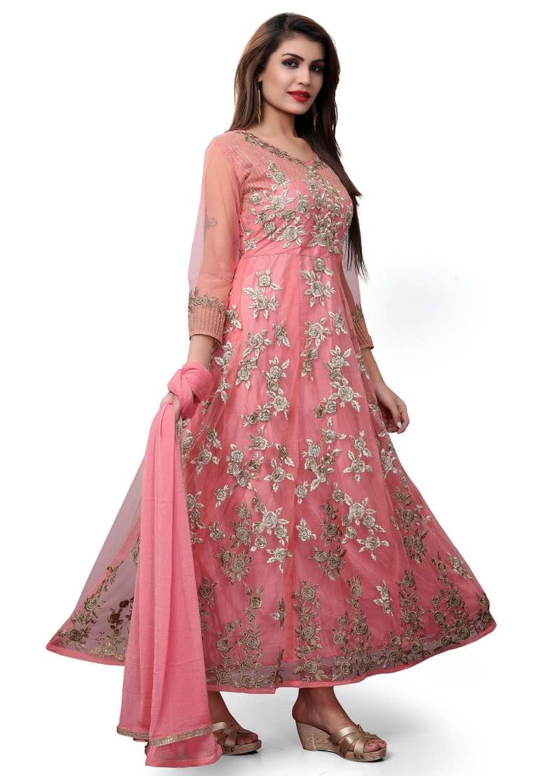 Dark Peach Embroidered Net Kurta Set - Indya