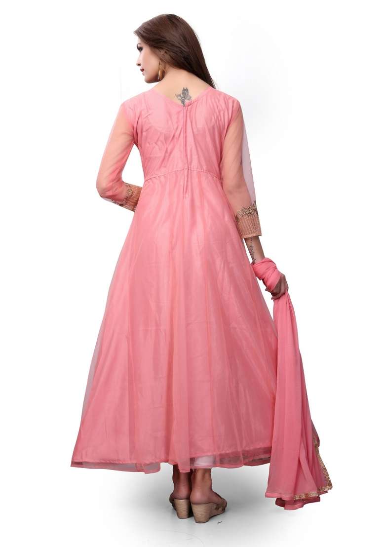 Dark Peach Embroidered Net Kurta Set - Indya