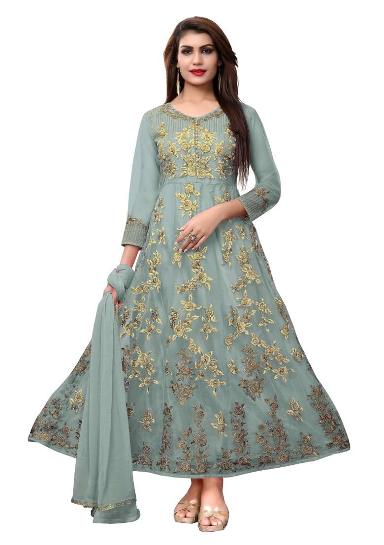 Grey Embroidered Net Kurta Set - Indya