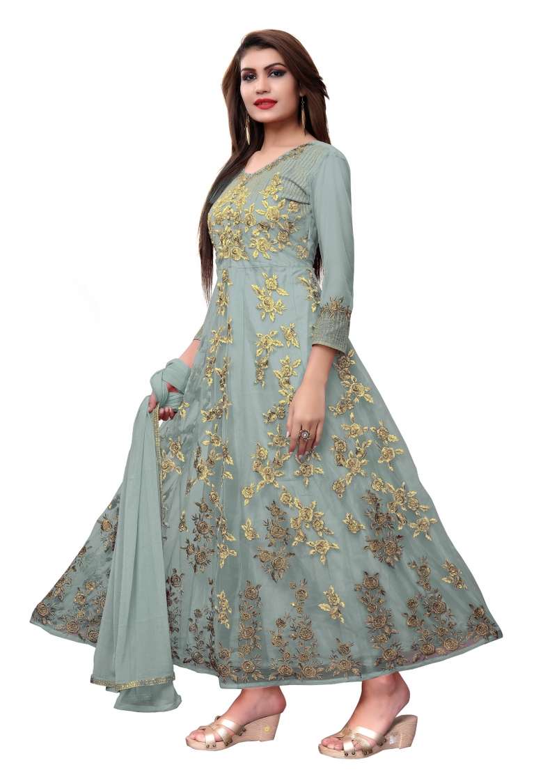 Grey Embroidered Net Kurta Set - Indya
