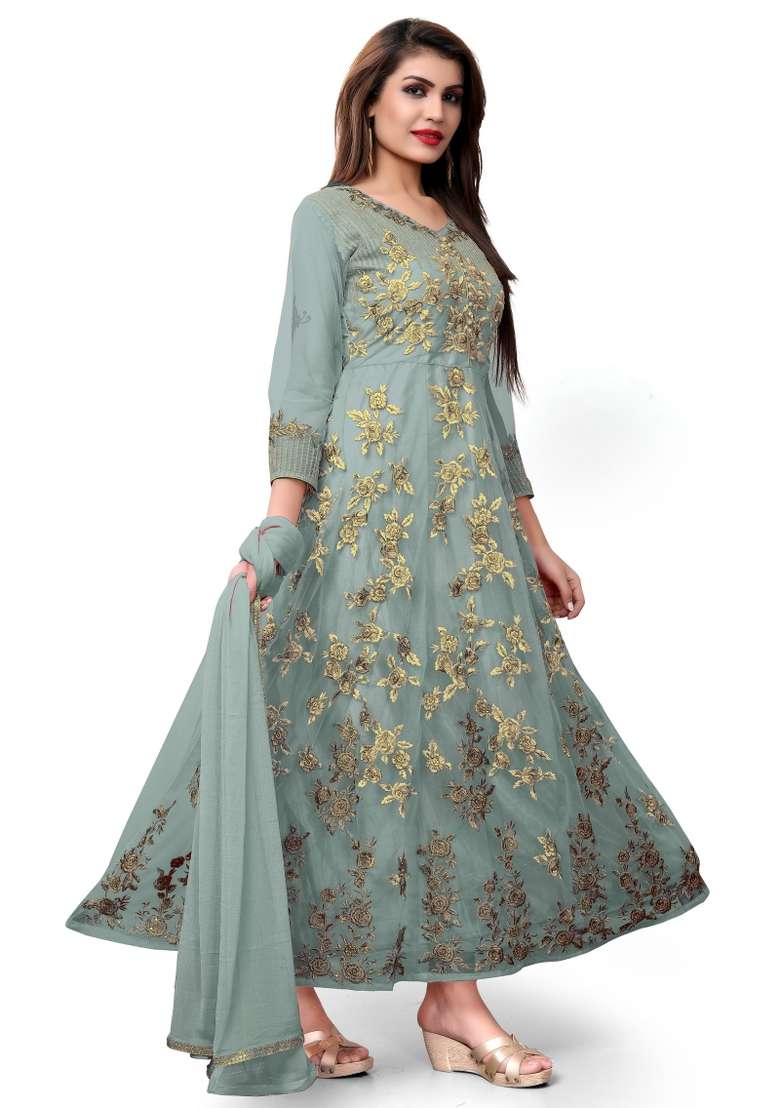 Grey Embroidered Net Kurta Set - Indya
