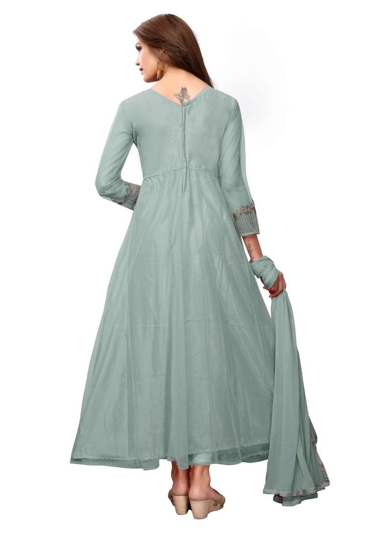 Grey Embroidered Net Kurta Set - Indya