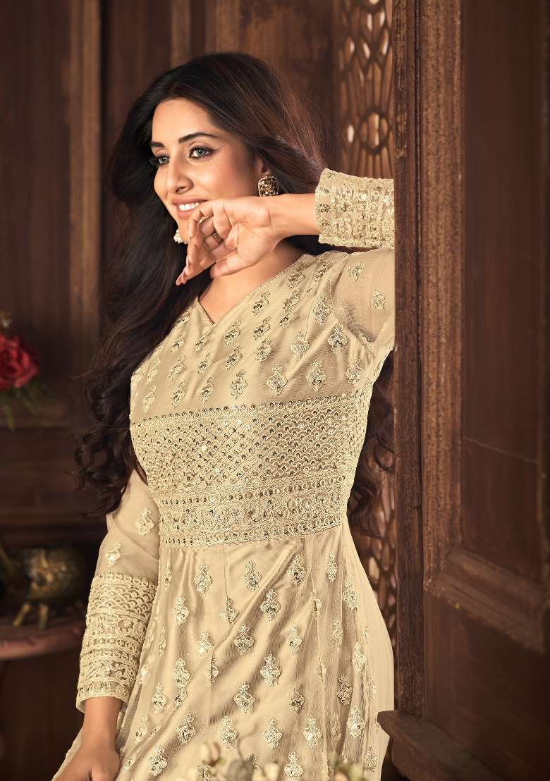 Cream Embroidered Net Kurta Set - Indya