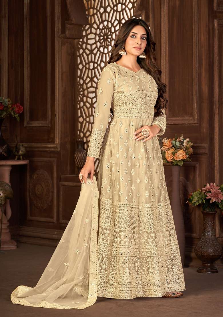 Cream Embroidered Net Kurta Set - Indya