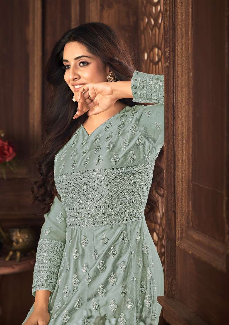 Grey Embroidered Net Kurta Set - Indya