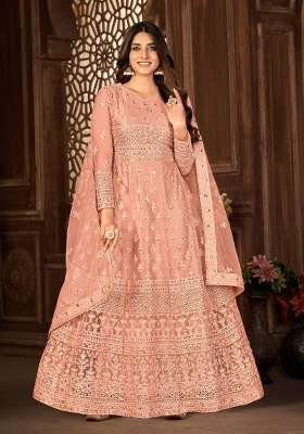 Peach Embroidered Net Kurta Set