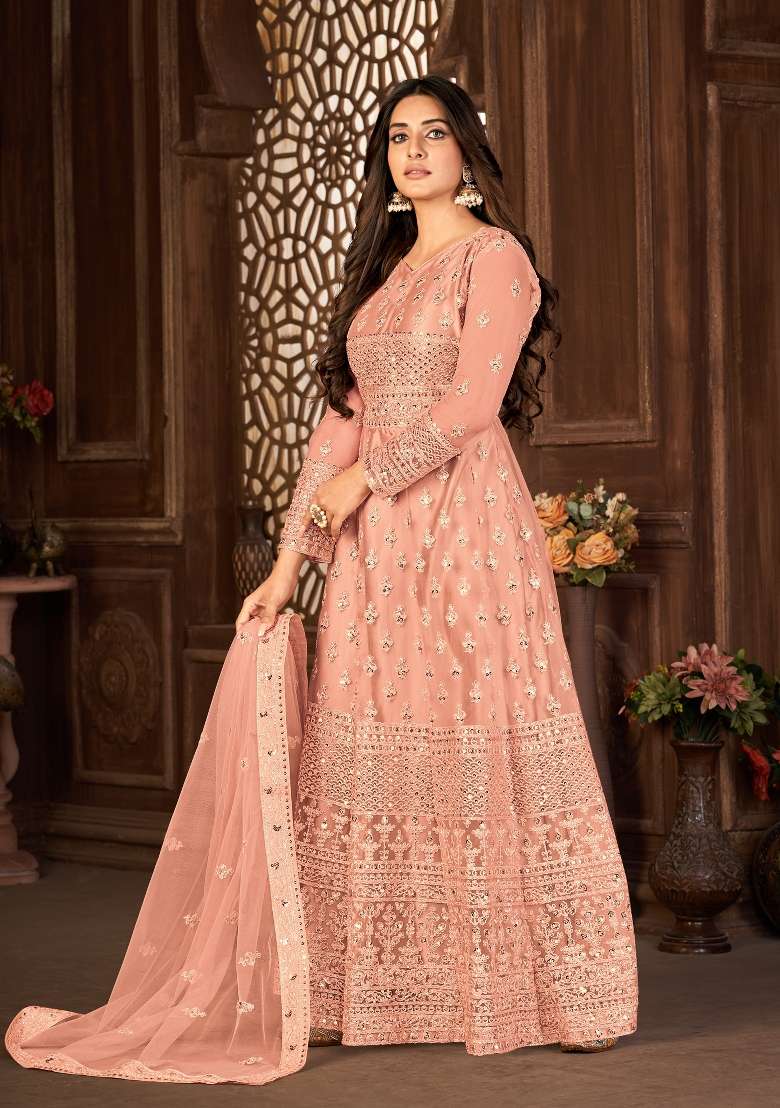Peach Embroidered Net Kurta Set - Indya