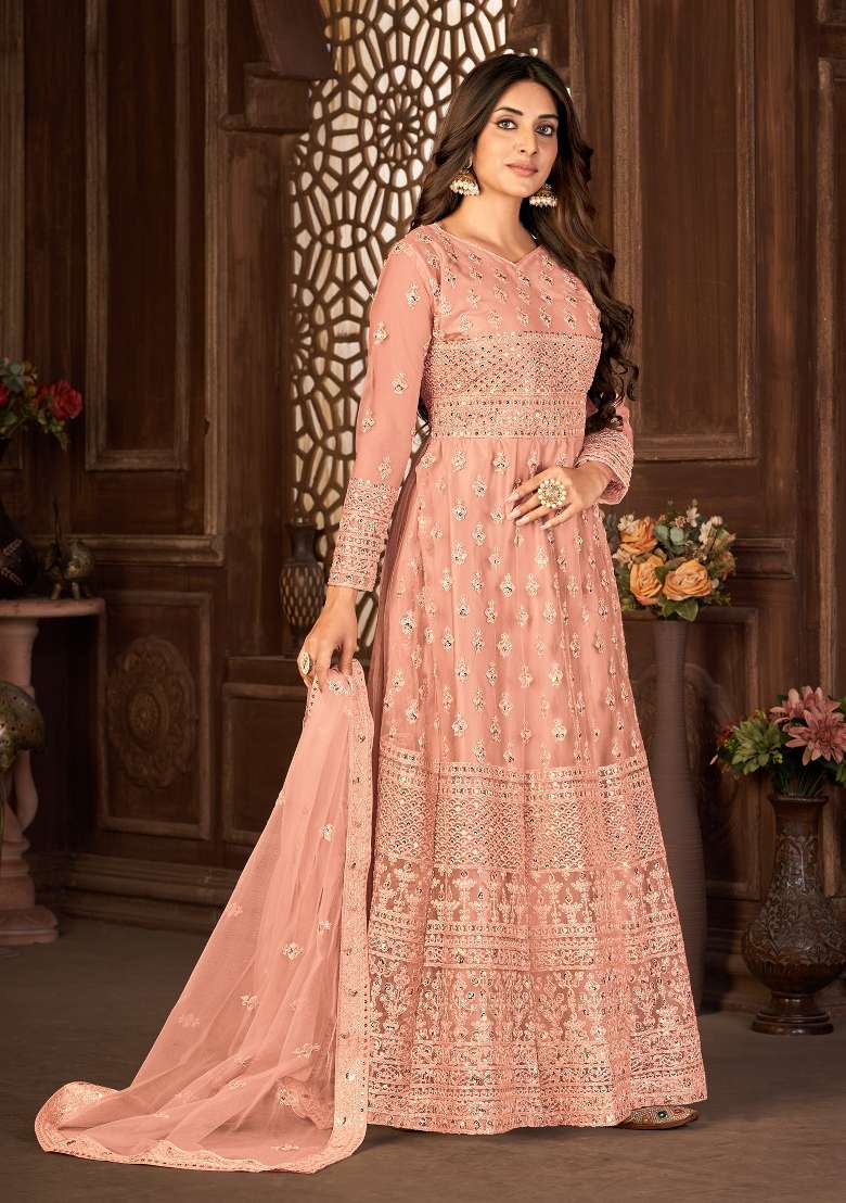 Peach Embroidered Net Kurta Set - Indya