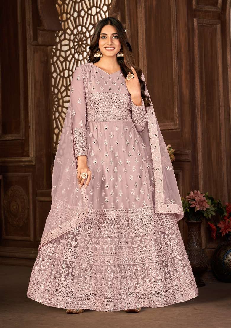Purple Embroidered Net Kurta Set - Indya