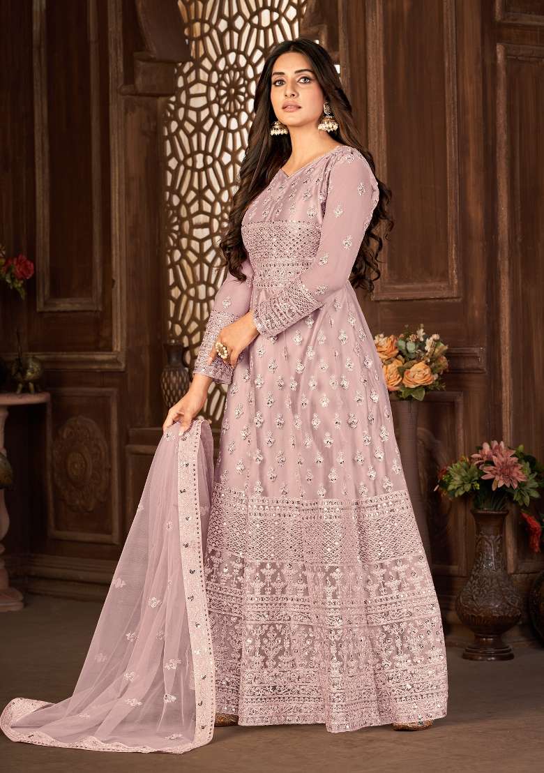 Purple Embroidered Net Kurta Set - Indya