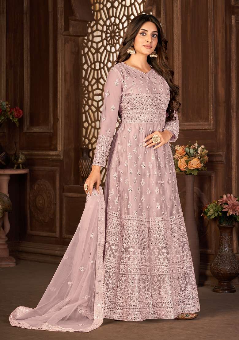 Purple Embroidered Net Kurta Set - Indya